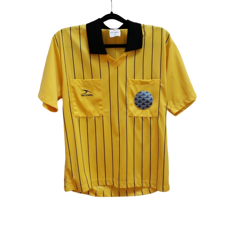 Score Soccer Shirt Adult Size S Yellow Black Striped Short Sleeve Vintage